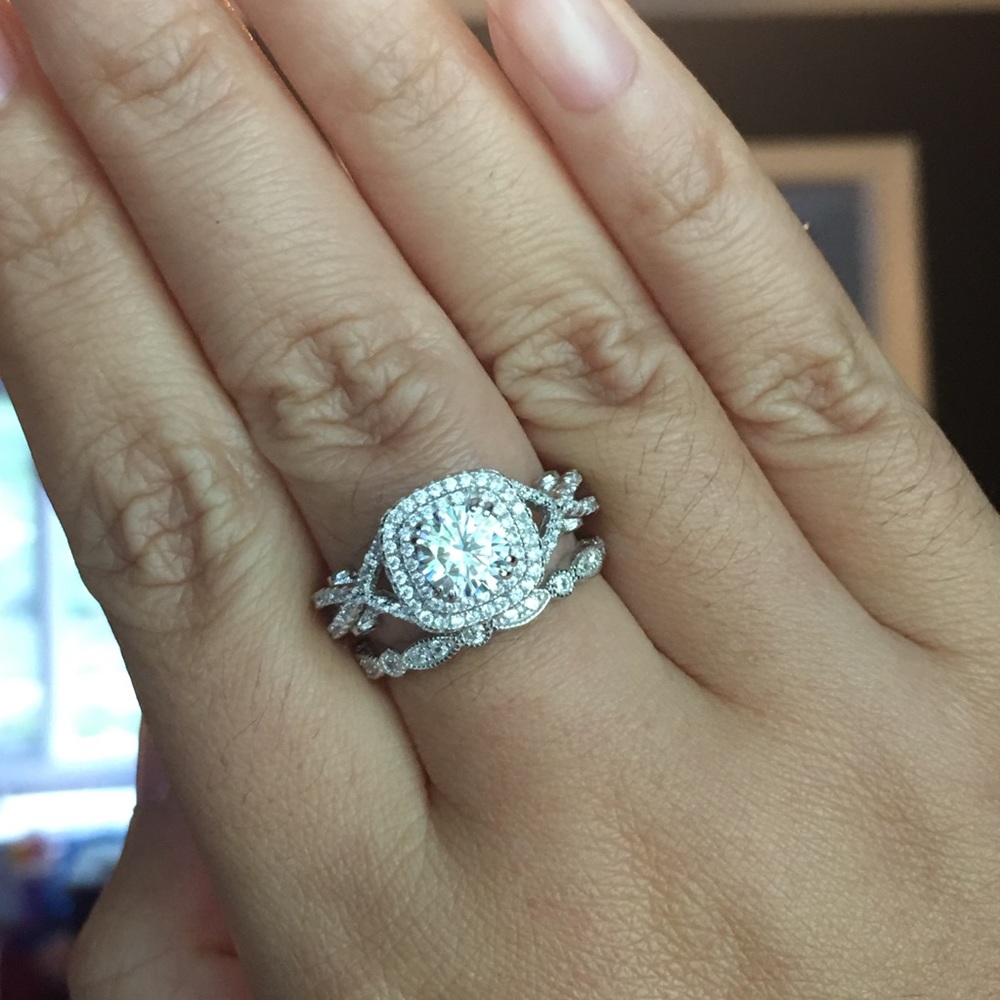 2pcs Solid Silver Engagement Ring Wedding Band Set - Picture 4 of 5
